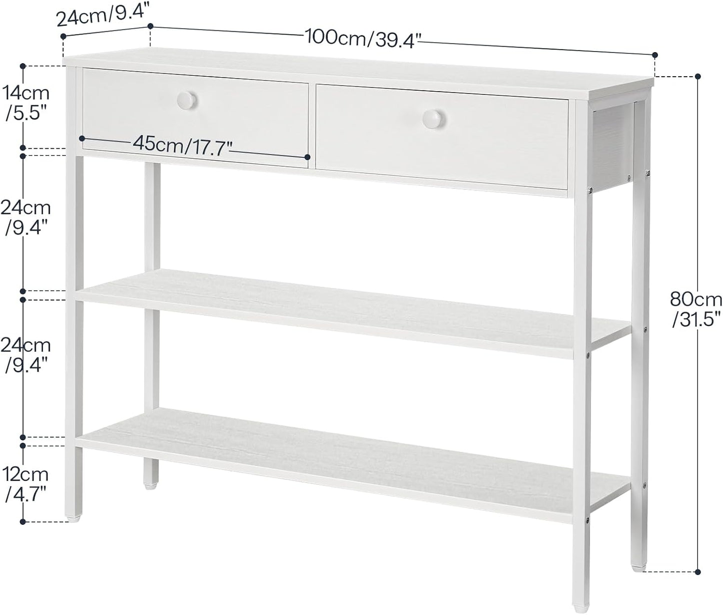 Signature Home Consoletafel met Lade en 2 Opbergplanken, Smalle Haltafel/Sidetable met Stevig Metalen Frame, 100 x 24 x 80 cm, voor Entree, Gang en Woonkamer, Wit