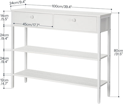 Signature Home Consoletafel met Lade en 2 Opbergplanken, Smalle Haltafel/Sidetable met Stevig Metalen Frame, 100 x 24 x 80 cm, voor Entree, Gang en Woonkamer, Wit