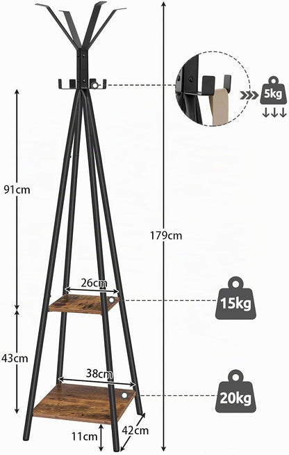 Signature Home Vrijstaande Kapstok – Kledingstandaard met 8 Kledinghaken en 2 Opbergplanken – 42 × 42 × 179 cm – Stevig Metalen Garderoberek voor Jassen, Tassen & Hoeden – Vintage Stijl