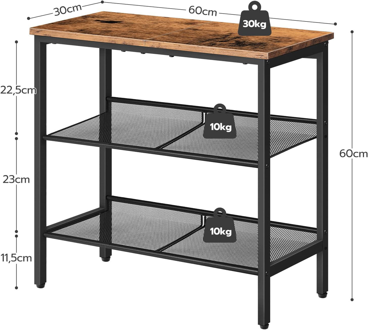 Signature Home 3-Laags Bijzettafel / Nachtkastje met 2 Verstelbare Schuine Planken – Smalle Salontafel met Opbergruimte voor Kleine Ruimtes, Hal, Woonkamer en Slaapkamer – Vintage Bruin/Zwart