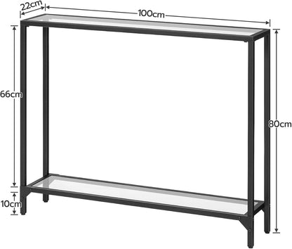Signature Home Consoletafel met Planken – 100 cm Sidetable met Gehard Glazen Tafelblad – Smalle Haltafel & Bijzettafel – Moderne Opbergtafel voor Hal, Woonkamer en Entree