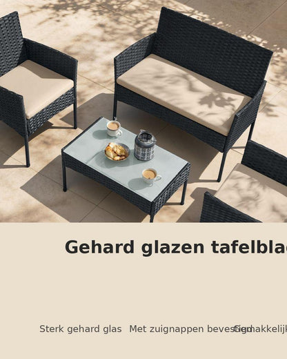 Signature Home 4-delige Tuinset PE Polyrattan – Inclusief Tafel, Stoelen & Bank Zwart Taupe