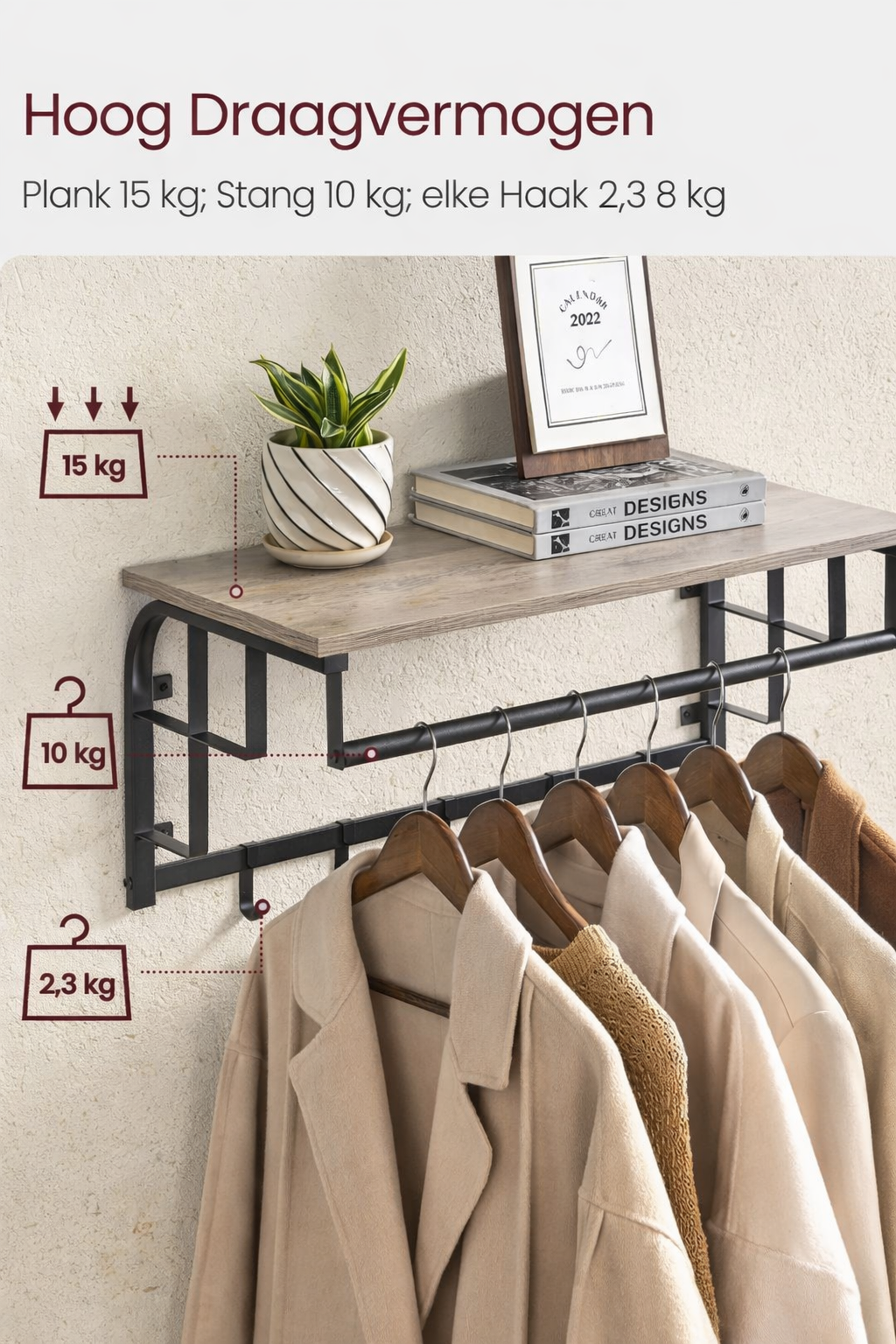 Signature Home Wandkapstok met Plank – Wandgarderobe met Kapstokhaken voor Jassen, Tassen en Accessoires