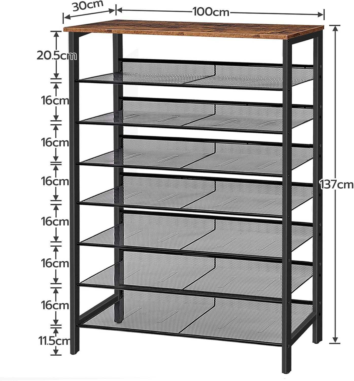 Signature Home Schoenenrek 8 Laags – Hoge Smalle Schoenenkast voor 32-40 Paar Schoenen – Verstelbare Rechte & Schuine Metalen Planken – 100 x 30 x 137 cm – Schoenenopberger voor Hal en Entree – Donkerbruin/Zwart