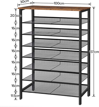 Signature Home Schoenenrek 8 Laags – Hoge Smalle Schoenenkast voor 32-40 Paar Schoenen – Verstelbare Rechte & Schuine Metalen Planken – 100 x 30 x 137 cm – Schoenenopberger voor Hal en Entree – Donkerbruin/Zwart
