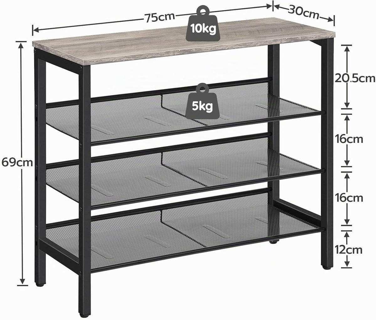 Signature Home 4-Laags Schoenenrek met Verstelbare Rechte of Schuine Planken – Schoenenbank met 3 Metalen Roosterplanken – Stevig Schoenenrek voor Hal, Entree en Slaapkamer – Greige/Zwart