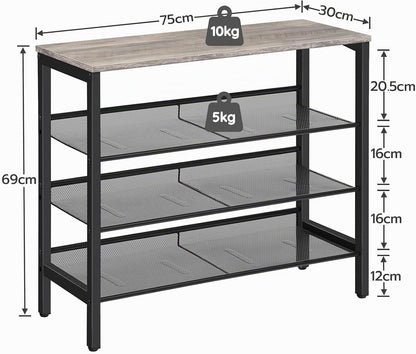 Signature Home 4-Laags Schoenenrek met Verstelbare Rechte of Schuine Planken – Schoenenbank met 3 Metalen Roosterplanken – Stevig Schoenenrek voor Hal, Entree en Slaapkamer – Greige/Zwart