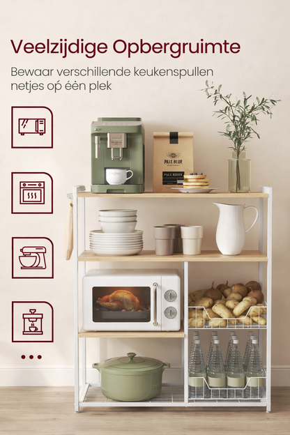 Signature Home Keukenrek met 2 Metalen Mandjes – Opbergrek Licht Walnootbruin & Wit|Keukenkast Organizer