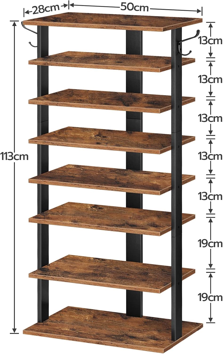 Signature Home Schoenenrek 8 Laags – Smal Schoenenrek 50 cm met 2 Haken – Ruimtebesparende Schoenenkast – Stevig Opbergrek voor Hal, Entree, Woonkamer en Slaapkamer