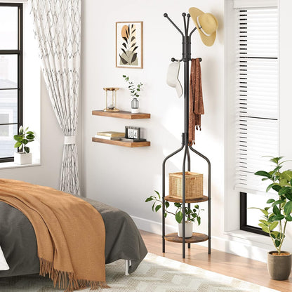 Signature Home Industriële Kapstok Staand – Kledingrek 183 cm Hoog met 8 Haken & 2 Ronde Opbergplanken – Metalen Garderoberek voor Jassen, Hoeden, Sjaals & Tassen – Stevig Stalen Frame – Zwart