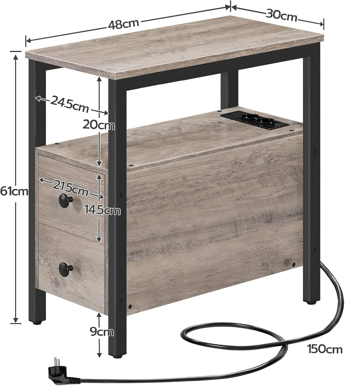 Signature Home Bijzettafel met Oplaadstation – Smalle Banktafel met 2 Laden, USB-Poort & Stopcontact – Nachtkastje met Opbergruimte voor Kleine Ruimtes – Woonkamer & Slaapkamer – Greige