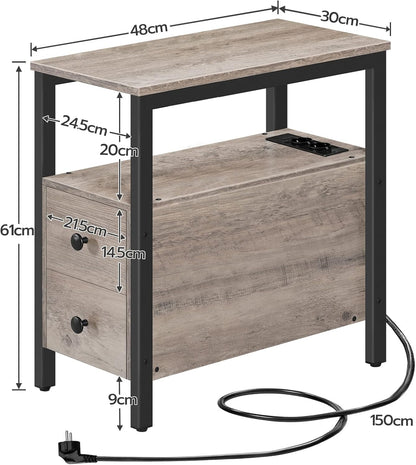 Signature Home Bijzettafel met Oplaadstation – Smalle Banktafel met 2 Laden, USB-Poort & Stopcontact – Nachtkastje met Opbergruimte voor Kleine Ruimtes – Woonkamer & Slaapkamer – Greige