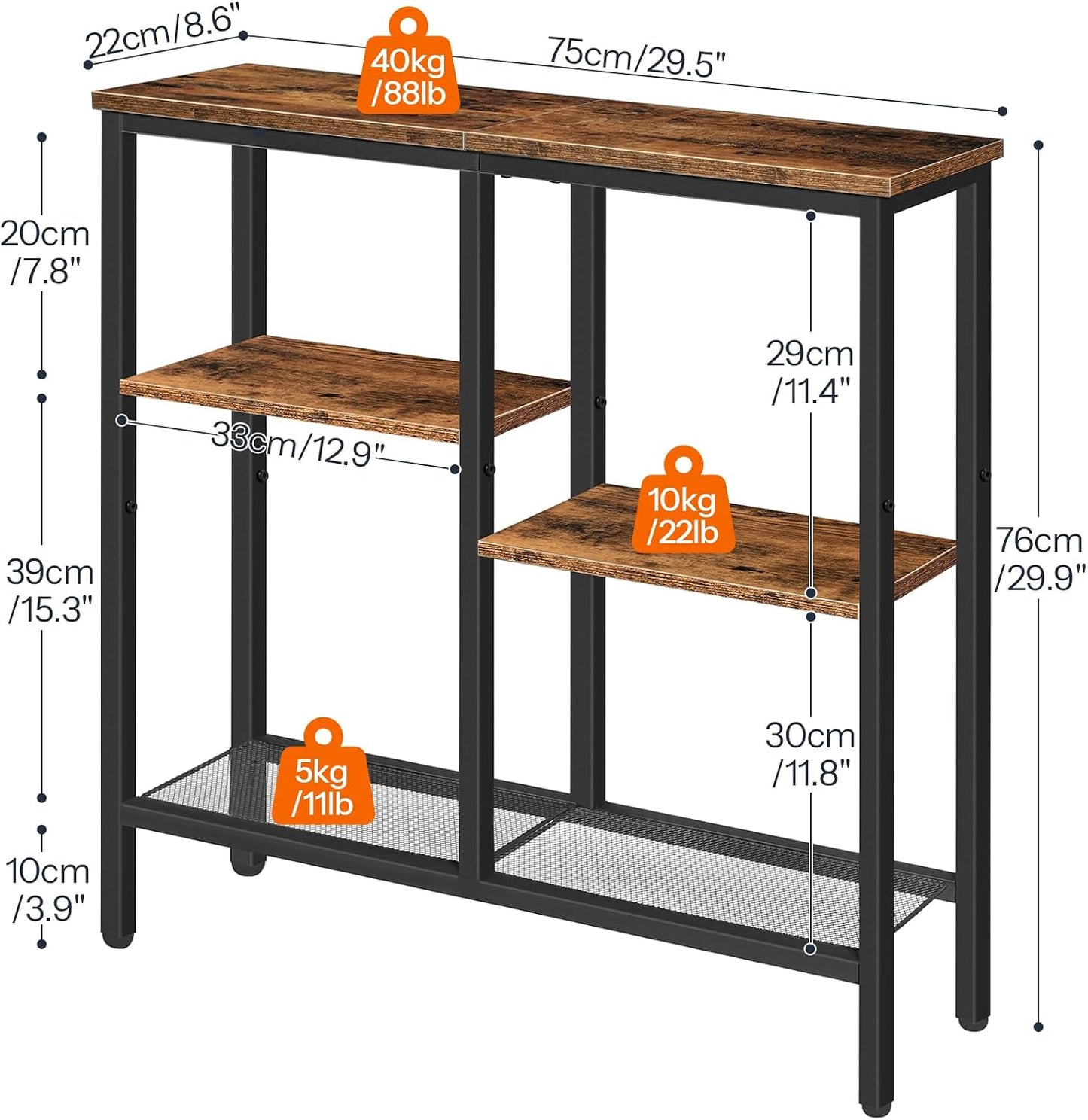 Signature Home Smalle Consoletafel 75 cm – Sidetable voor Hal, Entree en Gang, Haltafel, Smalle Bijzettafel, Industrieel Vintage, Presentatietafel voor Kleine Ruimtes, Rustiek Bruin/Zwart