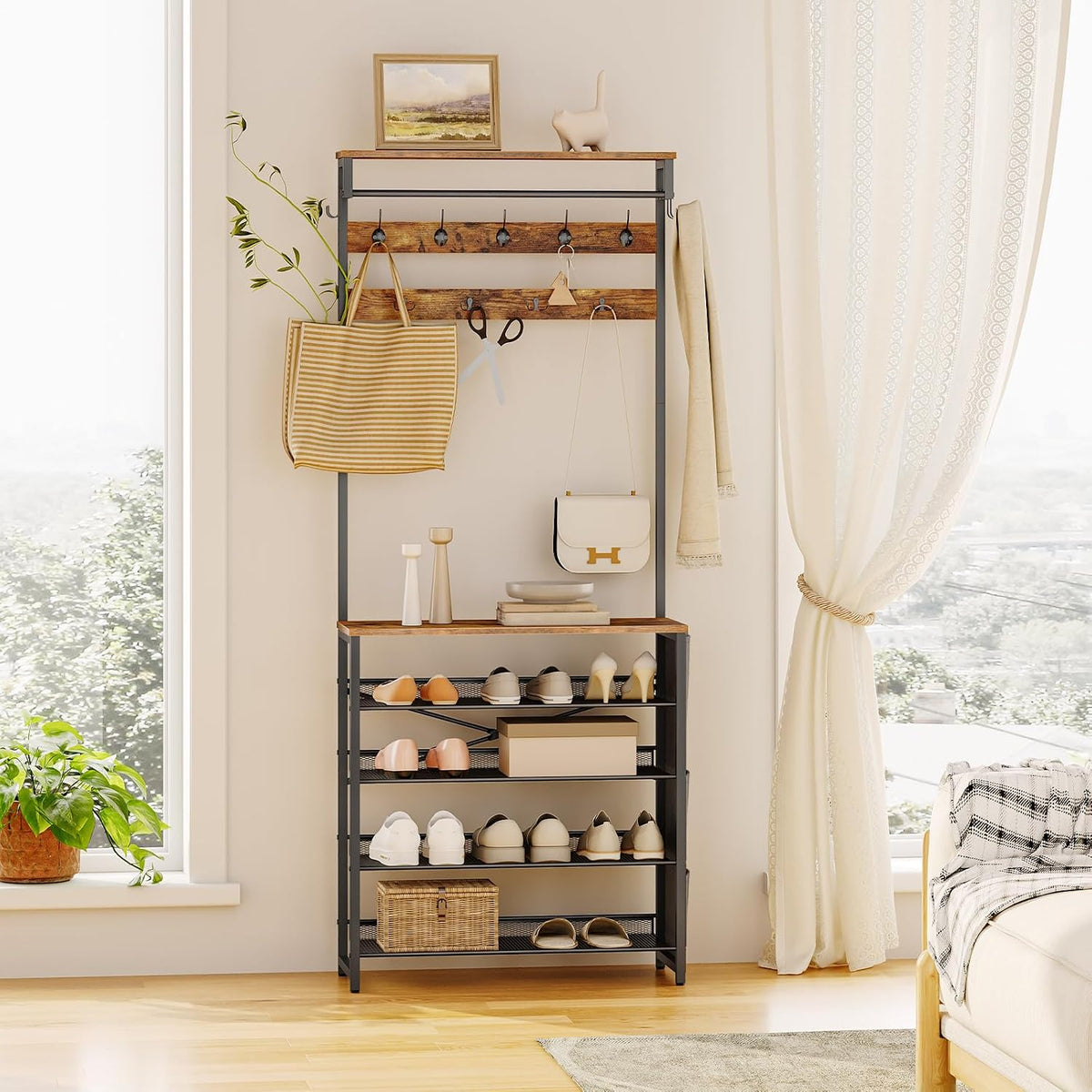 Signature Home Kapstok met Schoenenrek – 5-Laags Schoenenrek met Verstelbare Metalen Roosterplanken – Industriële Garderobe met Schoenenopslag – Stevig en Ruimtebesparend Opbergrek voor Hal, Entree en Slaapkamer – Vintage Bruin