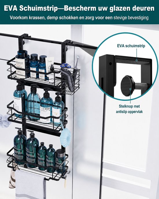 Signature Home Hangend Doucherek Zonder Boren - Verstelbaar Doucherek 3 Laags - Shampoohouder voor Douche - Badkamerrek voor Glazen Douchewand - RVS - Zwart