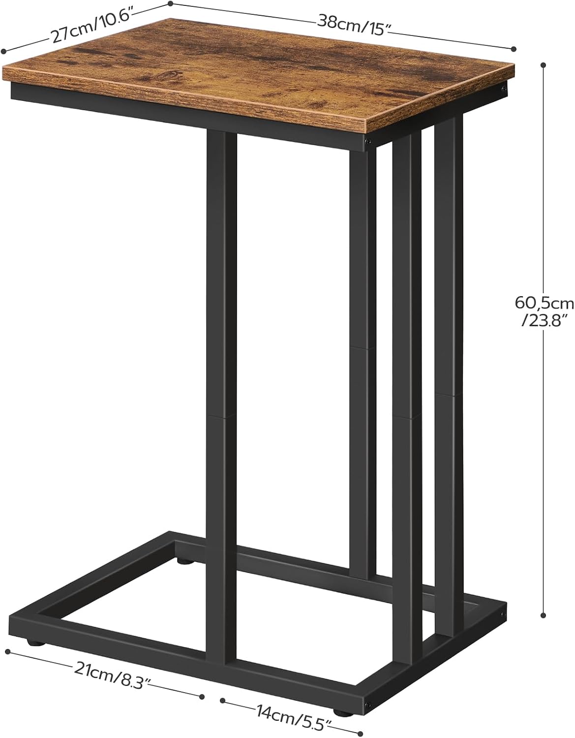 Signature Home C-Vormige Bijzettafel – Smalle Hoge Sofa Tafel – Laptoptafel voor Bank – Compacte Salontafel voor Kleine Ruimtes, Woonkamer & Slaapkamer – Rustiek Bruin