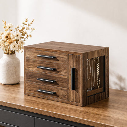 Signature Home Sieradendoos Dames – Houten Juwelenkist met Transparant Deksel – Sieraden Organizer met Laden – Opbergdoos voor Ringen - Oorbellen - Kettingen & Armbanden – Bruin – 27 x 16 x 18 cm