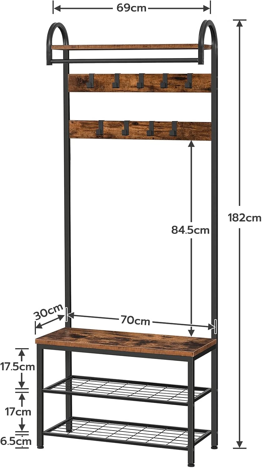 Signature Home Kapstok met Schoenenrek en Zitbank – Garderoberek met 9 Haken en Kledingstang – Staande Kapstok met Schoenenbank – Metalen Frame – 182 cm Hoog – Voor Hal, Gang en Slaapkamer – Vintage Bruin/Zwart