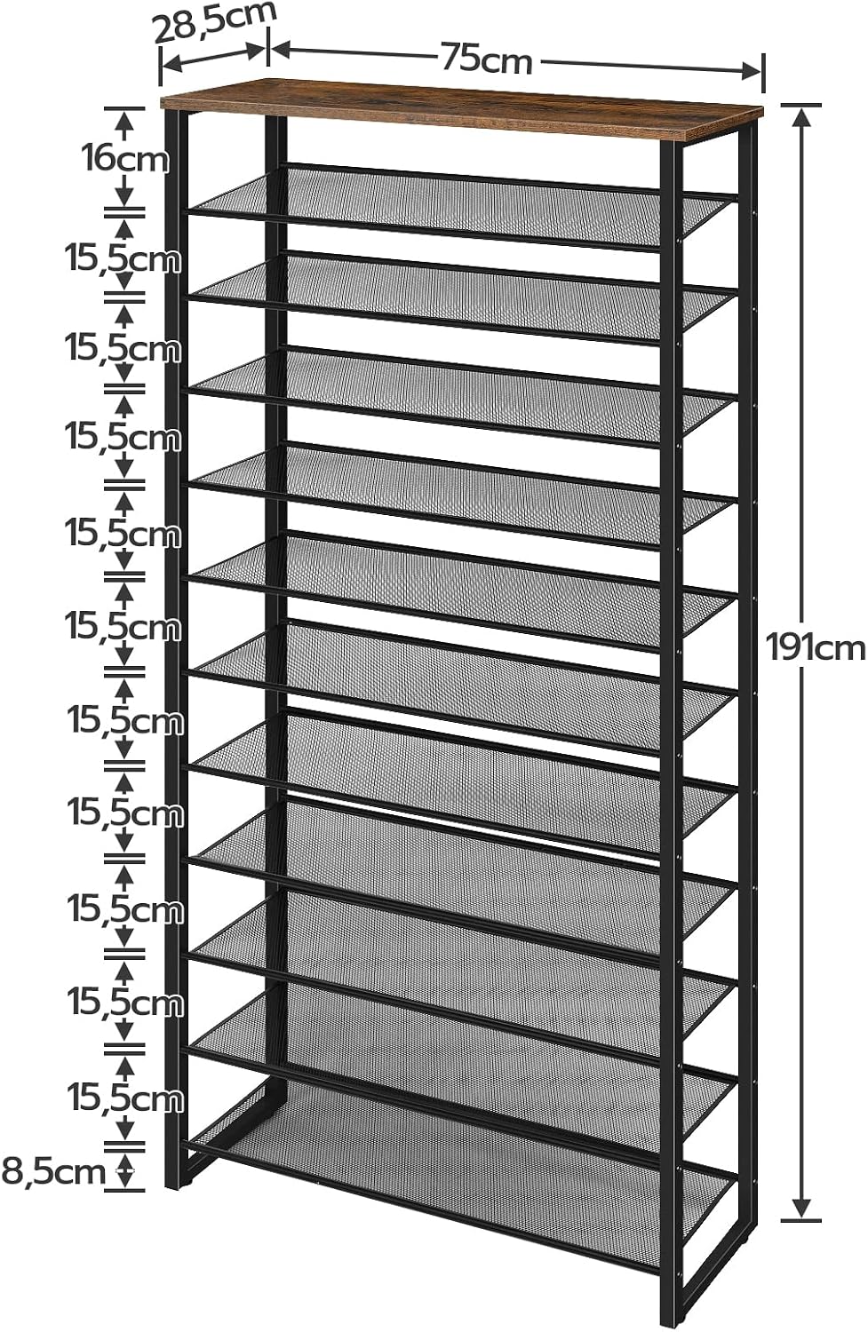 Signature Home Groot Schoenenrek 12-Laags voor 35-45 Paar Schoenen – Hoge Schoenenkast met Metalen Frame, Industriële Stijl, Vintage Bruin/Zwart voor Hal, Woonkamer en Slaapkamer
