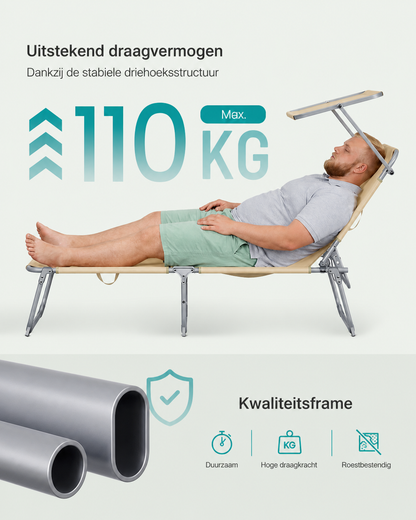 Signature Home Opvouwbare Ligstoel 189 x 53 x 28,5 cm met Verstelbare Rugleuning en Zonnedak – Comfortabele Tuin Ligbed voor Buiten