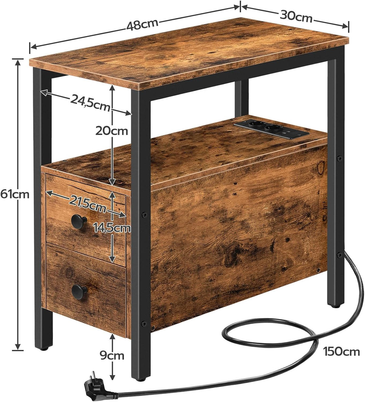 Signature Home Bijzettafel met Oplaadstation – Smalle Banktafel met 2 Laden, USB-Poort & Stopcontact – Nachtkastje voor Kleine Ruimtes – Stevig en Stabiel – Woonkamer & Slaapkamer – Donkerbruin