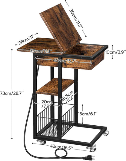 Signature Home Bijzettafel met Oplaadstation – Opklapbare C-Vormige Banktafel met Wielen en Opbergplank – Smalle Salontafel & Nachtkastje – Verrijdbare Bijzettafel voor Woonkamer en Slaapkamer – Donkerbruin