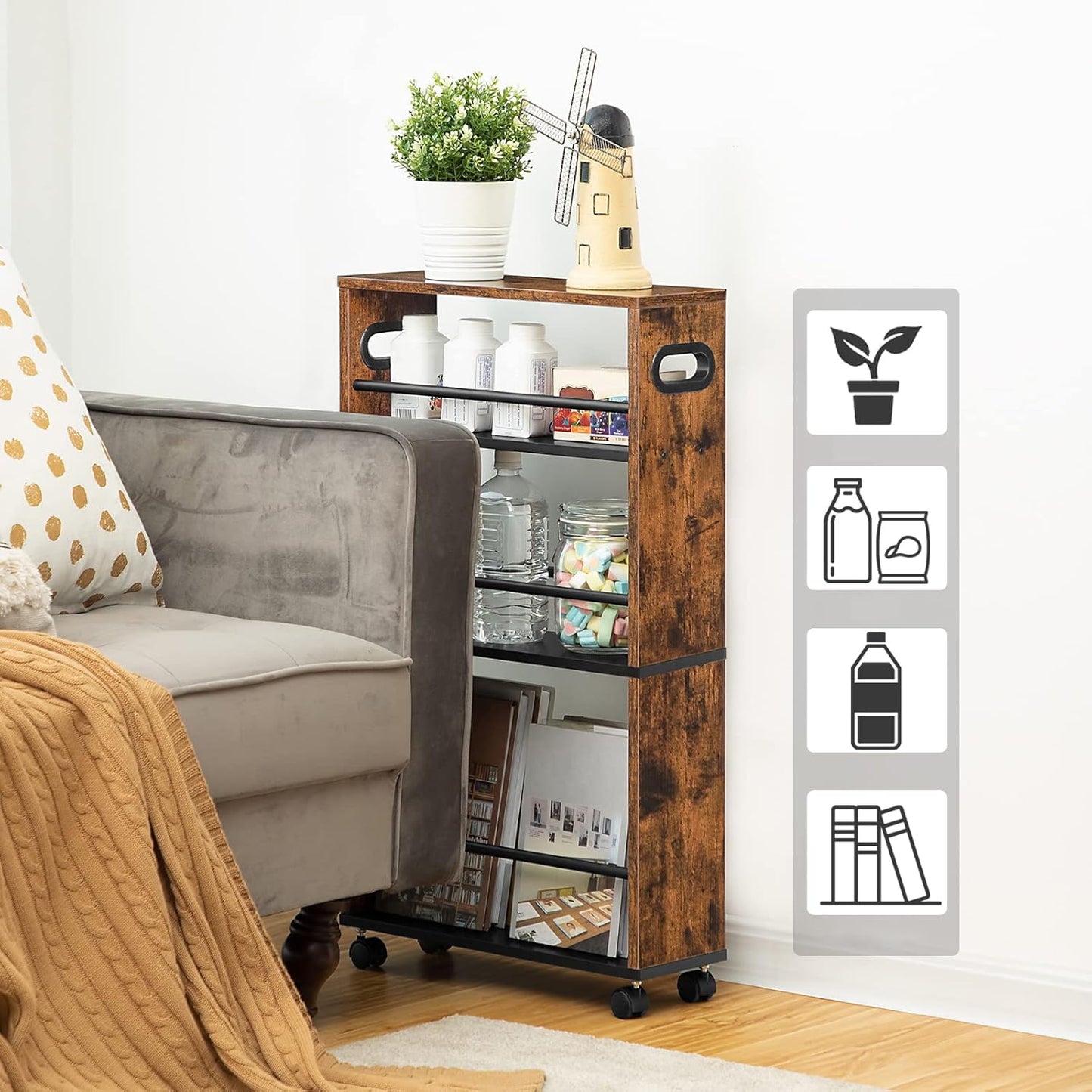 Signature Home Smalle Keukentrolley 4-Laags – Verrijdbare Serveerwagen 45 x 15 x 80 cm – Keukenrek met 360° Draaibare Wielen en Opstaande Randen – Opbergtrolley voor Keuken, Badkamer & Woonkamer – Donkerbruin