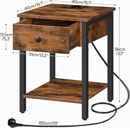 Signature Home Nachtkastje met Oplaadstation en USB-Poorten – Bijzettafel met Lade en Opbergplank – Smal Nachtkastje voor Kleine Ruimtes, Slaapkamer en Woonkamer – Vintage Bruin/Zwart