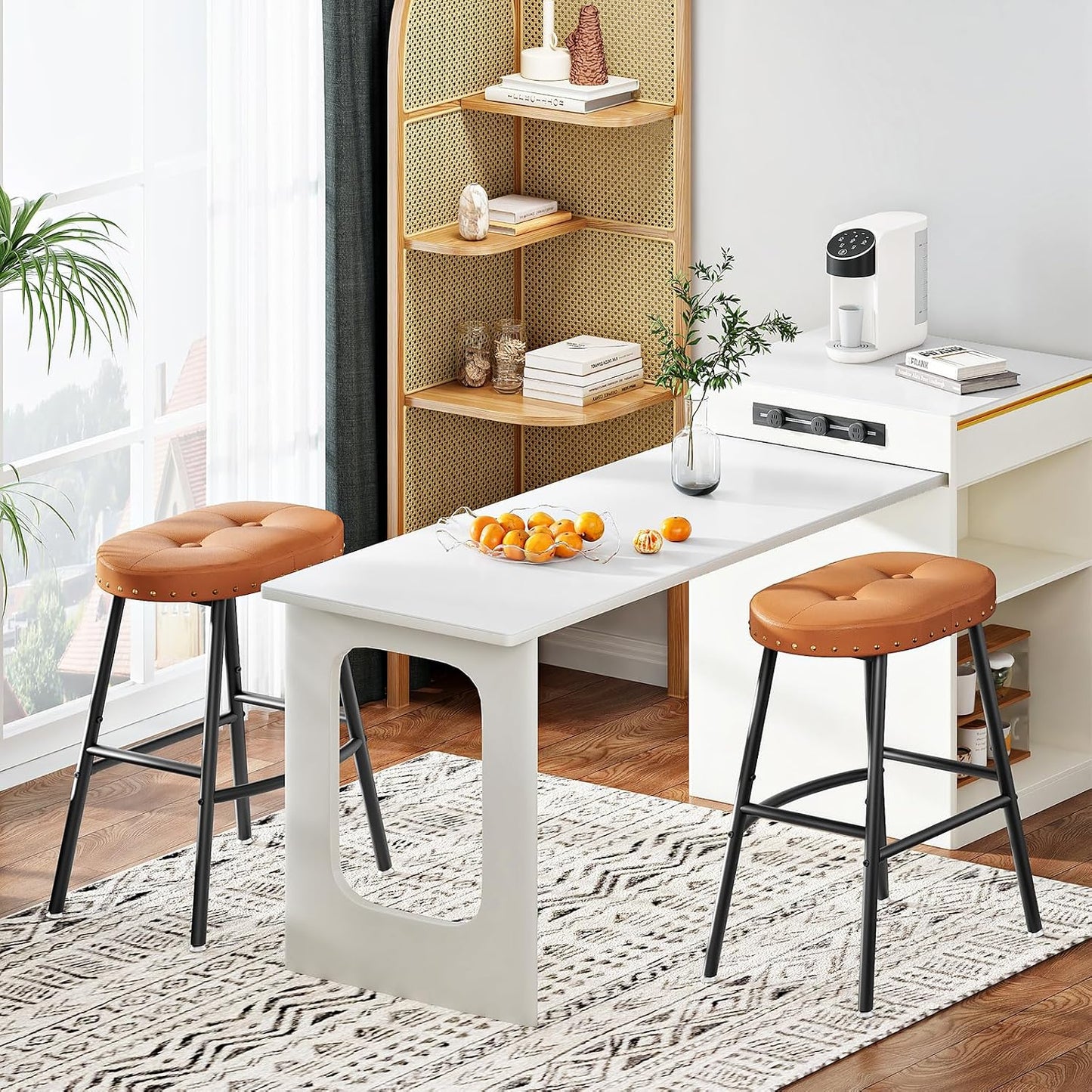 Signature Home Set van 2 Barkrukken met PU Leren Zitting – Industriële Barstoelen met Voetensteun – Keukenkrukken voor Keukeneiland, Bar, Eetkamer & Restaurant – Stevig Metalen Frame – Bruin/Zwart
