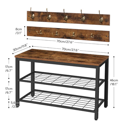 Signature Home Kledingrek met Kledingstang en Opbergplank – Vrijstaand Metalen Garderoberek met Haken – Stevig Industrieel Kledingrek – Multifunctionele Kapstok en Kledingstandaard voor Slaapkamer, Hal en Garderobe – Rustiek Bruin