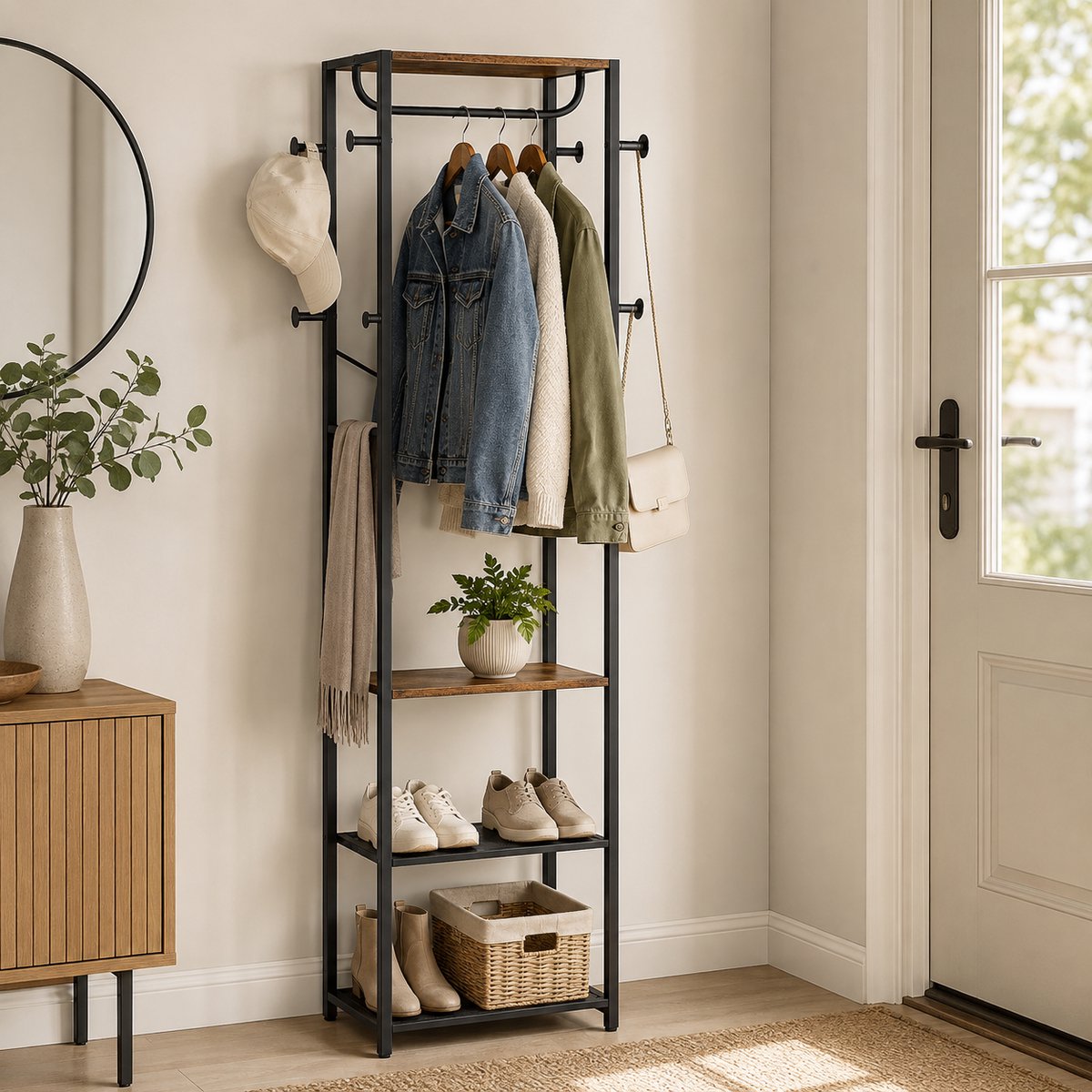 Signature Home Kapstok met Schoenenrek – 6-in-1 Garderoberek met Kledingroede, Haken, Schoenenbank & Opbergrekken – Vintage Bruin/Zwart - 30 x 40 x 180 cm