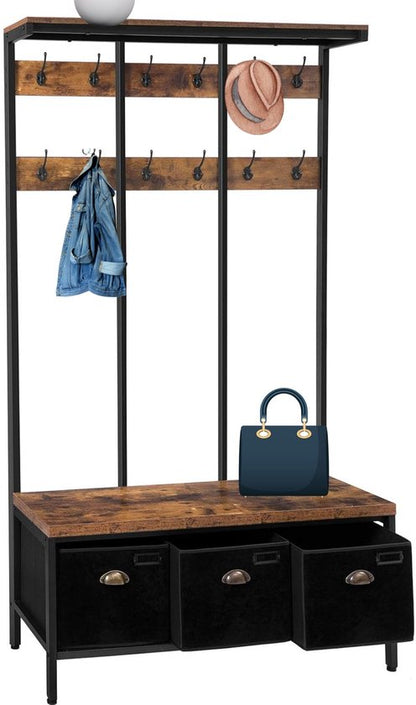Signature Home XXL garderobe – kapstok – kapstok met schoenenrek – kledingrek met 24 haken – zitbank met 3 opbergboxen – bruin/zwart – 100 × 37 × 182 cm