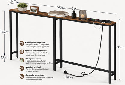 Signature Home Consoletafel - Console tafel - bijzettafel met Stopcontact 160 cm - Smalle Sidetable met Oplaadstation - Haltafel Achter Bank - Vintage Bruin/Zwart