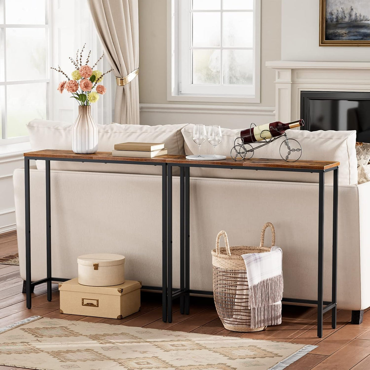 Signature Home Smalle Consoletafel 75 cm – Sidetable & Haltafel voor Kleine Ruimtes – Industriële Wandtafel / Banktafel voor Entree, Hal en Woonkamer – Donkerbruin/Zwart