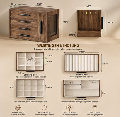 Signature Home Sieradendoos Dames – Houten Juwelenkist met Transparant Deksel – Sieraden Organizer met Laden – Opbergdoos voor Ringen - Oorbellen - Kettingen & Armbanden – Bruin – 27 x 16 x 18 cm