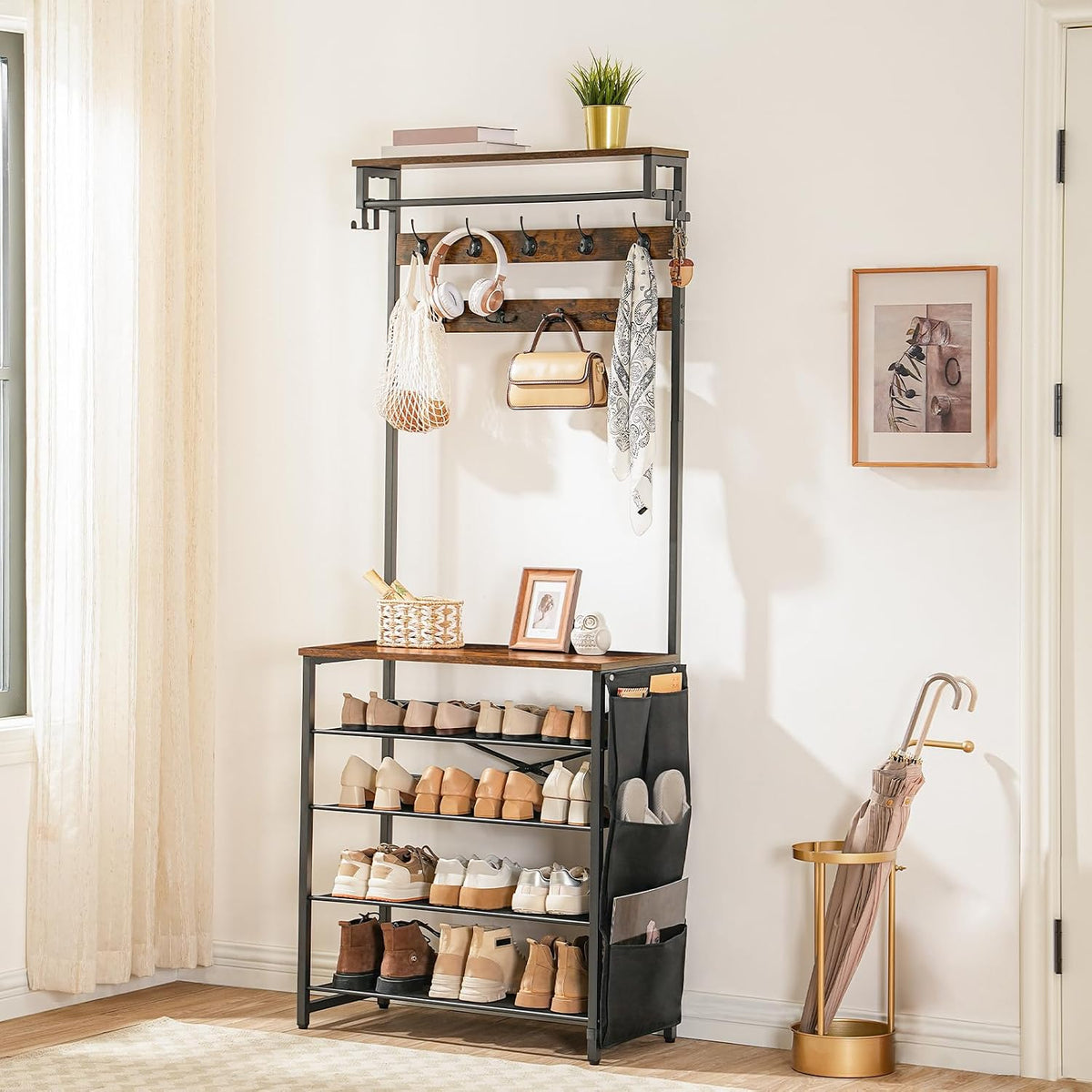 Signature Home Kapstok met Schoenenrek – 5-Laags Schoenenrek met Verstelbare Metalen Roosterplanken – Industriële Garderobe met Schoenenopslag – Stevig en Ruimtebesparend Opbergrek voor Hal, Entree en Slaapkamer – Vintage Bruin