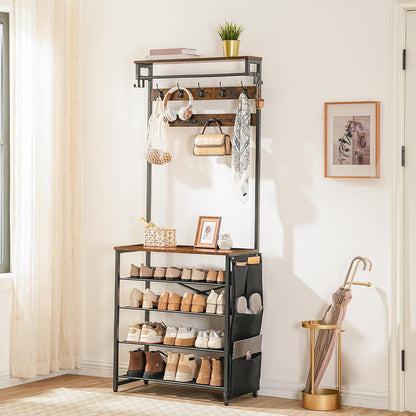 Signature Home Kapstok met Schoenenrek – 5-Laags Schoenenrek met Verstelbare Metalen Roosterplanken – Industriële Garderobe met Schoenenopslag – Stevig en Ruimtebesparend Opbergrek voor Hal, Entree en Slaapkamer – Vintage Bruin