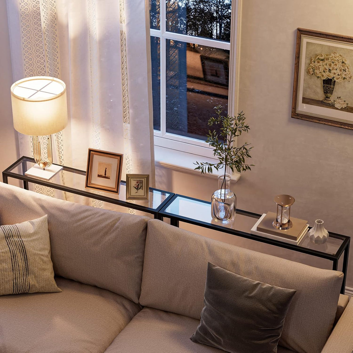 Signature Home Consoletafel met Planken – 100 cm Sidetable met Gehard Glazen Tafelblad – Smalle Haltafel & Bijzettafel – Moderne Opbergtafel voor Hal, Woonkamer en Entree