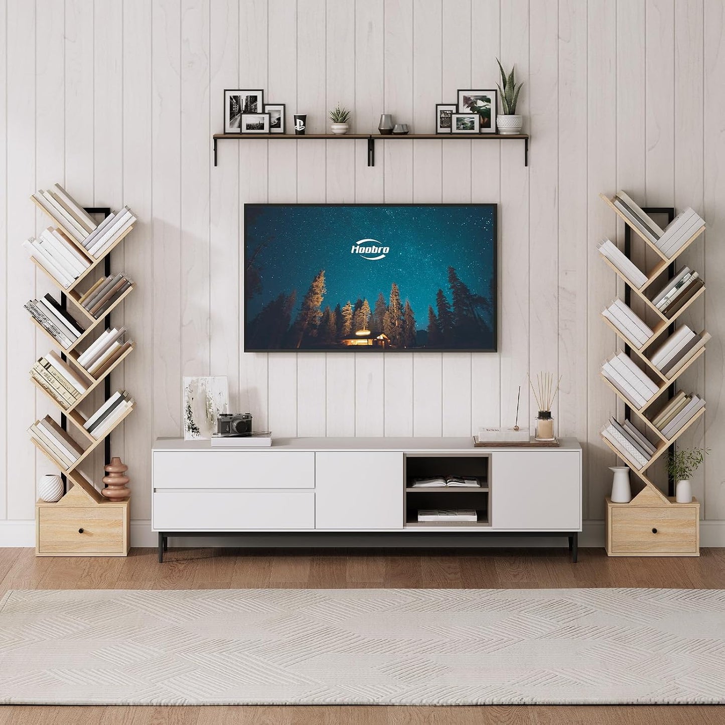Signature Home 9-Laags Boekenkast met Lade – Vrijstaande Boomvormige Boekenkast, DVD- en Opbergrek voor Woonkamer, Slaapkamer en Kantoor – Naturel Hout & Zwart**