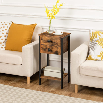 Signature Home Bijzettafel met 2 Lades en Opbergplanken – Hoge Telefoontafel en Nachtkastje – Smalle Sofatafel met Stevig Metalen Frame voor Woonkamer en Slaapkamer – Donkerbruin