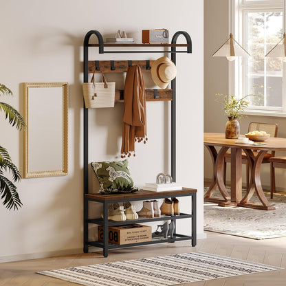 Signature Home Kapstok met Schoenenrek en Zitbank – Garderoberek met 9 Haken en Kledingstang – Staande Kapstok met Schoenenbank – Metalen Frame – 182 cm Hoog – Voor Hal, Gang en Slaapkamer – Vintage Bruin/Zwart