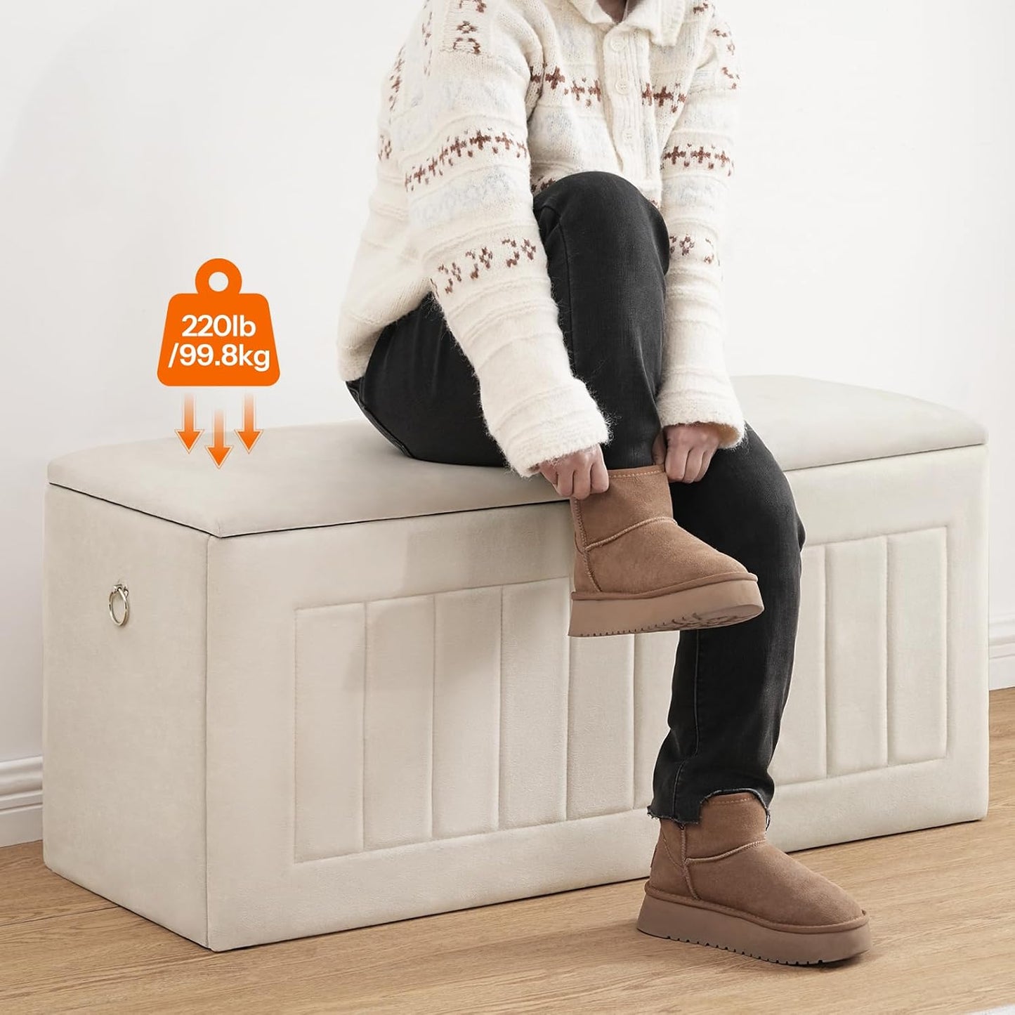 Signature Home 100 cm Speelgoedkist met Fluwelen Bekleding – Opbergbank met Scharnier en Handgrepen, Schoenenbank met Opbergruimte voor Kinderkamer en Woonkamer – Beige