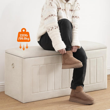 Signature Home 100 cm Speelgoedkist met Fluwelen Bekleding – Opbergbank met Scharnier en Handgrepen, Schoenenbank met Opbergruimte voor Kinderkamer en Woonkamer – Beige