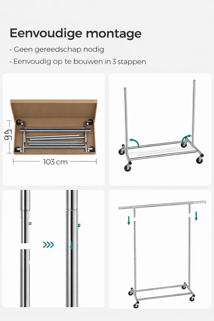Signature Home Heavy Duty Kledingrek met Wielen – Metalen Garderoberek – 90 kg Draagvermogen
