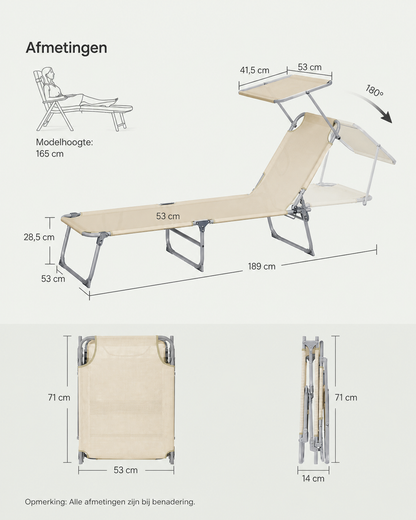 Signature Home Opvouwbare Ligstoel 189 x 53 x 28,5 cm met Verstelbare Rugleuning en Zonnedak – Comfortabele Tuin Ligbed voor Buiten