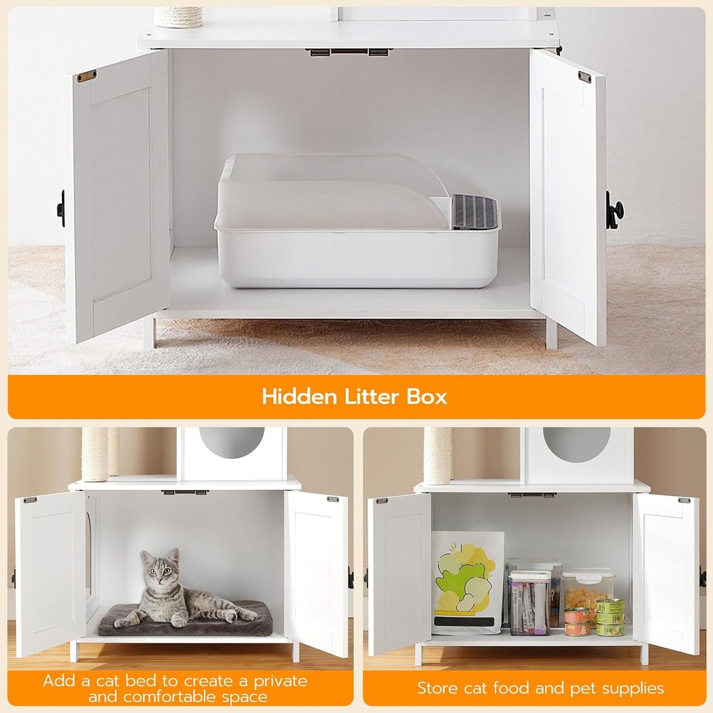 Signature Home Kattenkrabpaal met Kattenbakmeubel 60 x 48 x 151 cm – All-in-One Kattenmeubel met Klimboom, Kattenhuis en Afneembare Pluche Bal – Wit