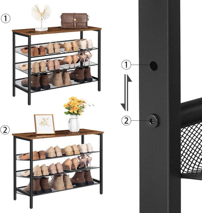 Signature Home 4-Laags Schoenenrek met 3 Verstelbare Roosterplanken – Plat of Schuin Plaatsbaar Schoenenrek – Stevig Industrieel Opbergrek voor Hal, Entree en Slaapkamer – Vintage Bruin