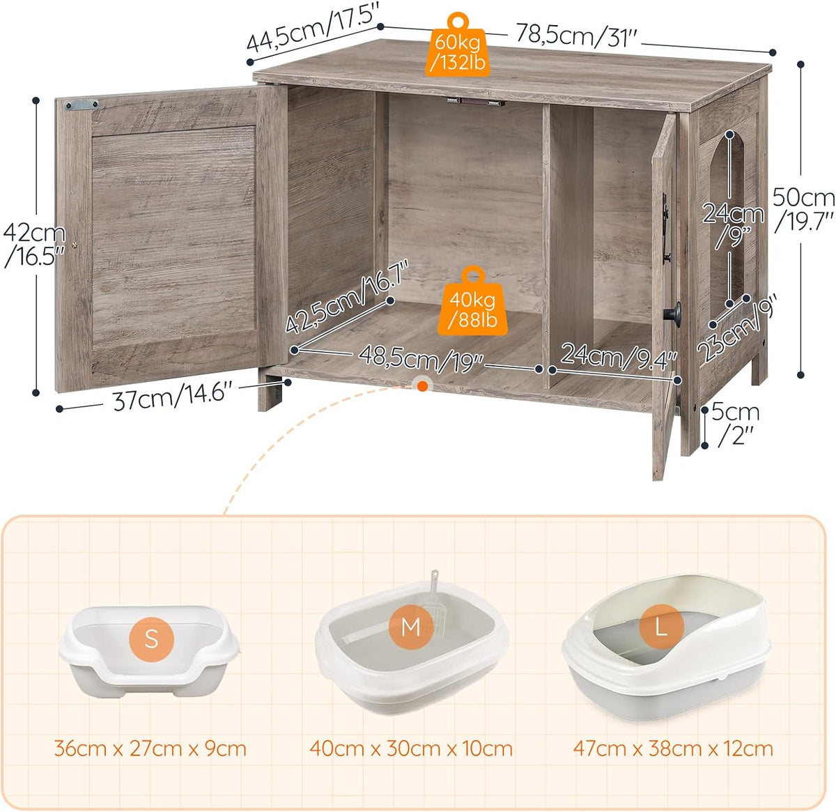 Signature Home Kattenbak Meubel met Deur en Scheidingswand – Kattenbak Kast & Kattenhuis – Stevige Kattenkast met Opbergruimte – Kattenbak Ombouw, Opbergbank & Nachtkastje – Greige