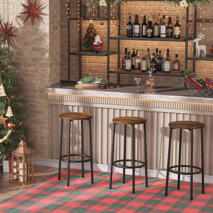 Signature Home Barkrukken Set van 2 – Ronde Ontbijtkrukken met Voetensteun, Stevig Metalen Frame, Industriële Barkrukken voor Keuken, Eetkamer, Bar en Feest, Rustiek Bruin