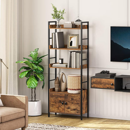 Signature Home Boekenkast met Deuren en 4 Niveaus – Industriële Staande Opbergkast met Open Planken – Stevige Opbergrek voor Woonkamer, Kantoor, Keuken, Werkkamer en Hal